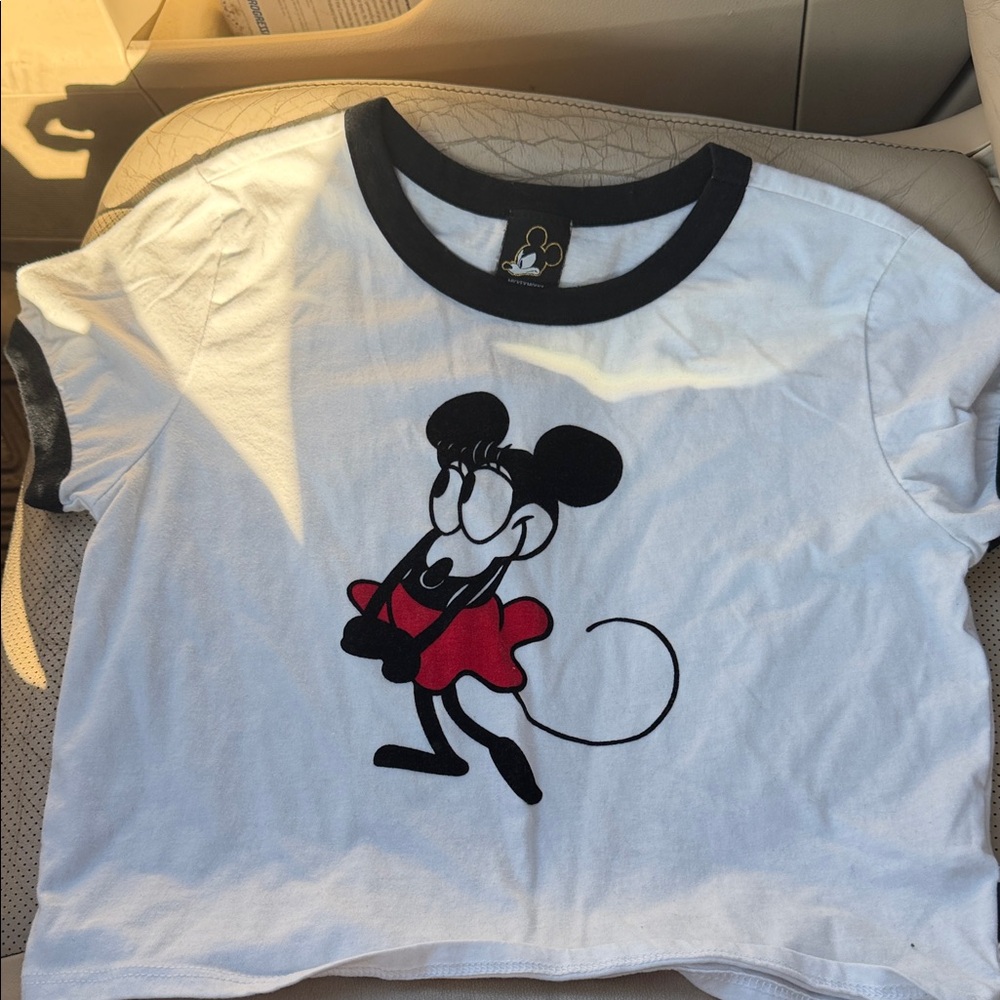 Forever 21 White Ringer Tee with Black Trim and Red Cartoon Mouse